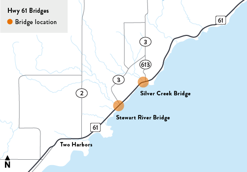 Map of the Silver Creek bridge and the Stewart River bridge