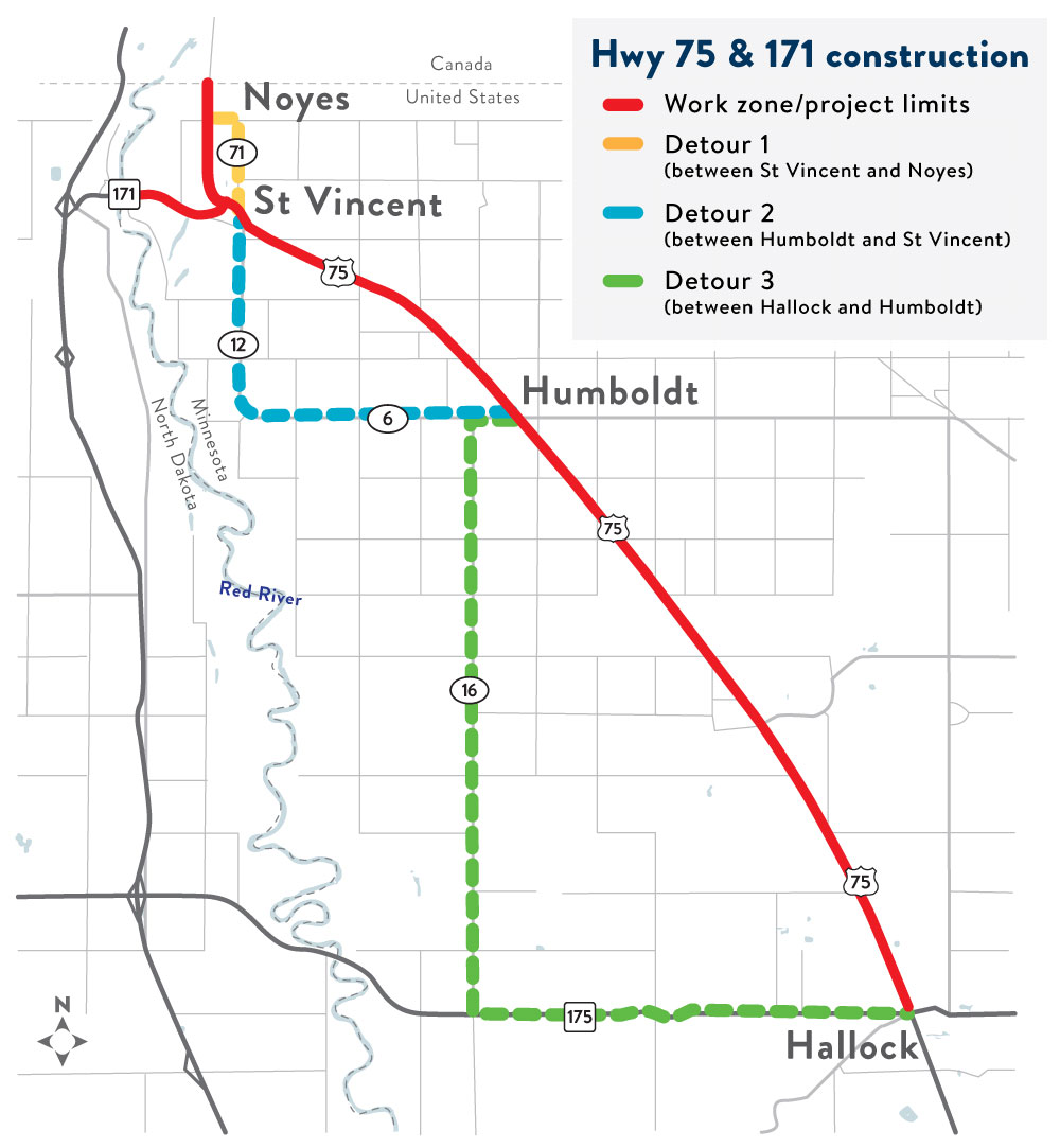 Highway 75 resurfacing between Hallock and Canada map showing the project limits