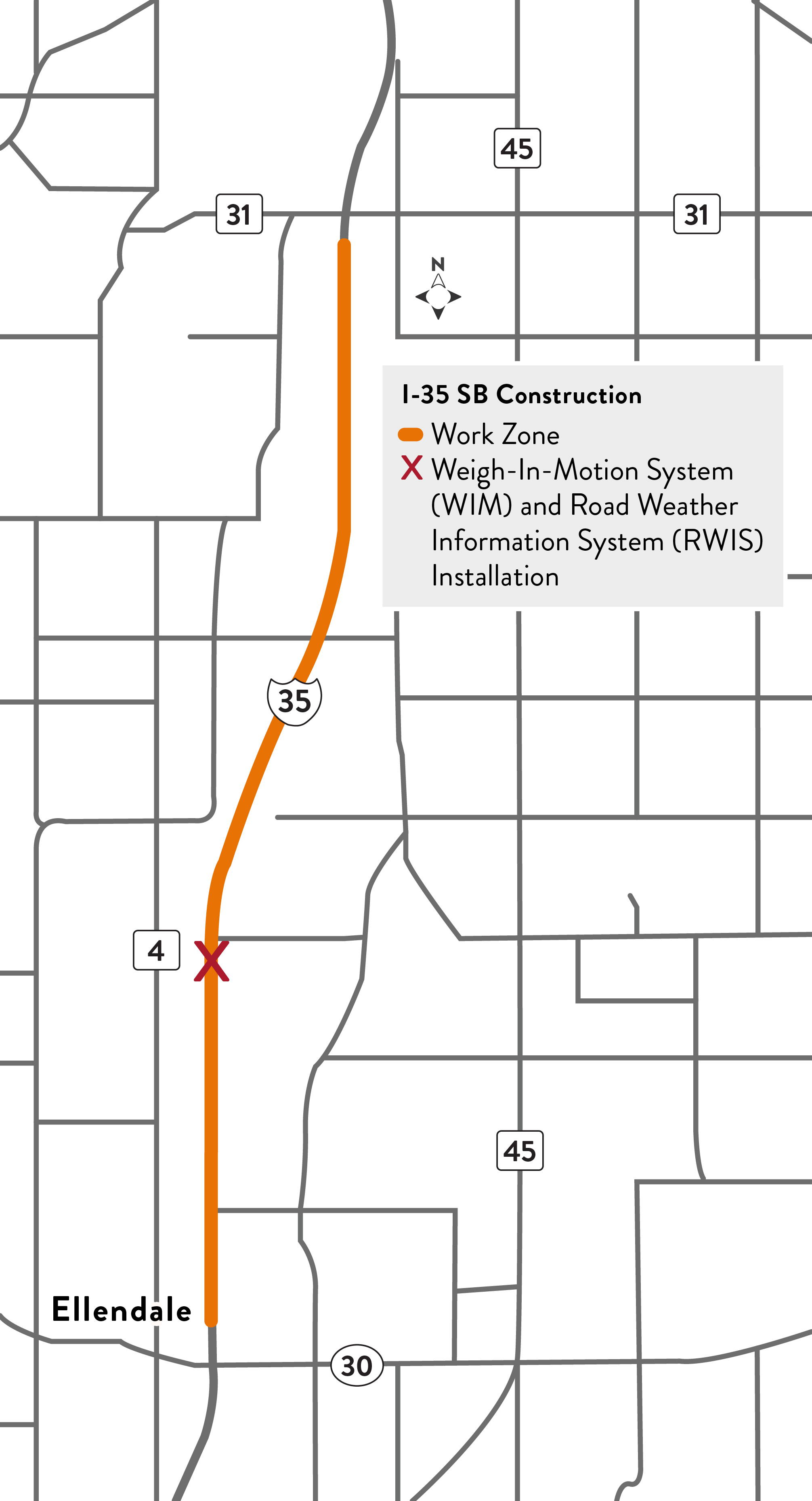 Map of project work on I-35