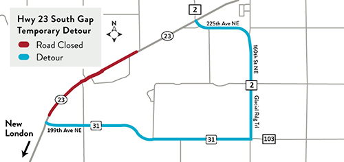 Temporary 10-day detour map for Hwy 23 S Gap project; detour is in blue