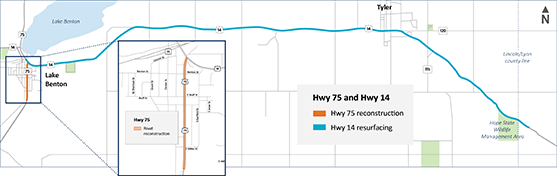 Hwy 75 and Hwy 14 project map with detour