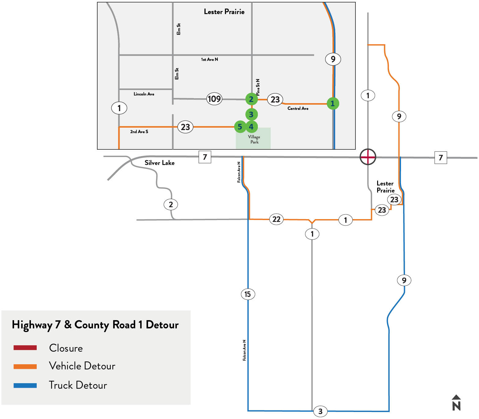 Map of intersection of Hwy 7 and CR 1 near Lester Prairie