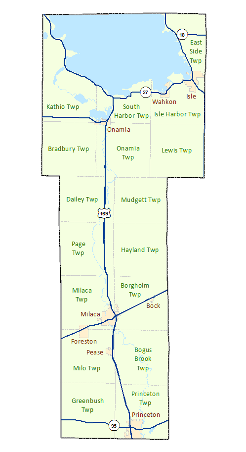 Mille Lacs County image map with links to city and township maps