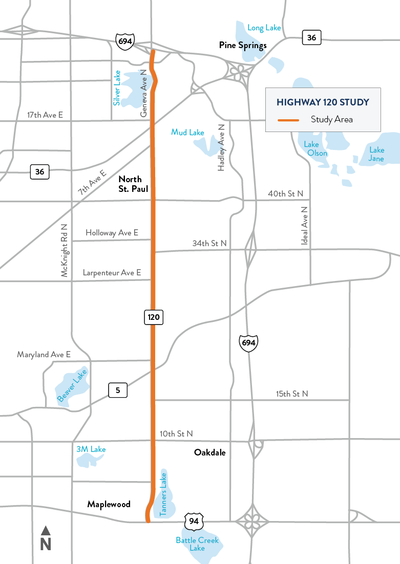 Highway 120 Maplewood to Oakdale study location map