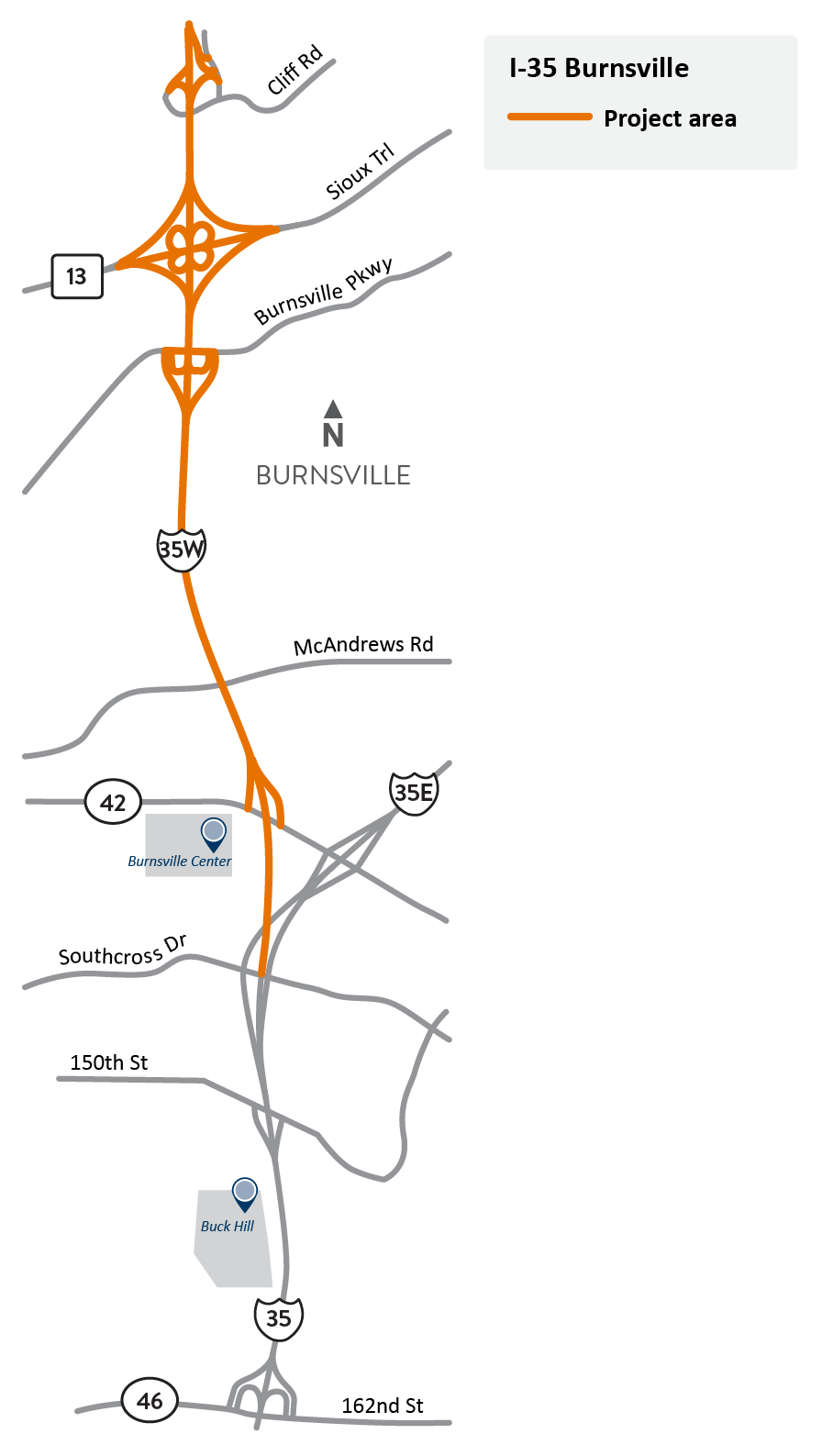 I-35W between Cliff Road and the I-35/35W/35E split in Burnsville project location map
