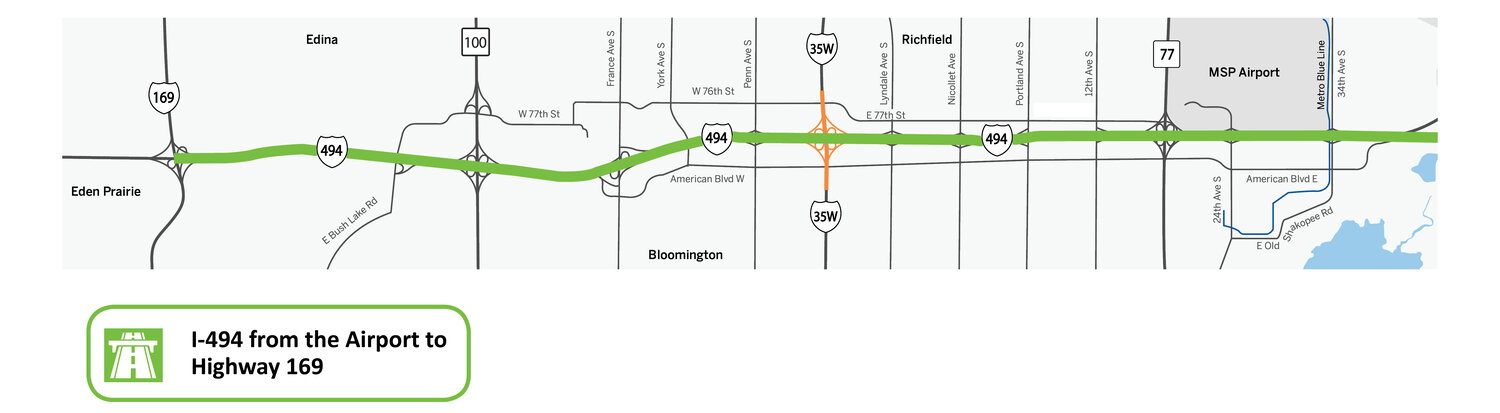 The I-494 Mainline project area is between Highway 169 to the MSP International Airport.