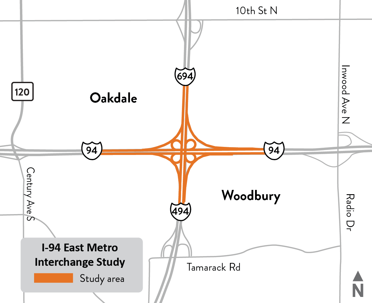 I-94/I-494/I-694 East Metro Interchange study location map in Woodbury and Oakdale