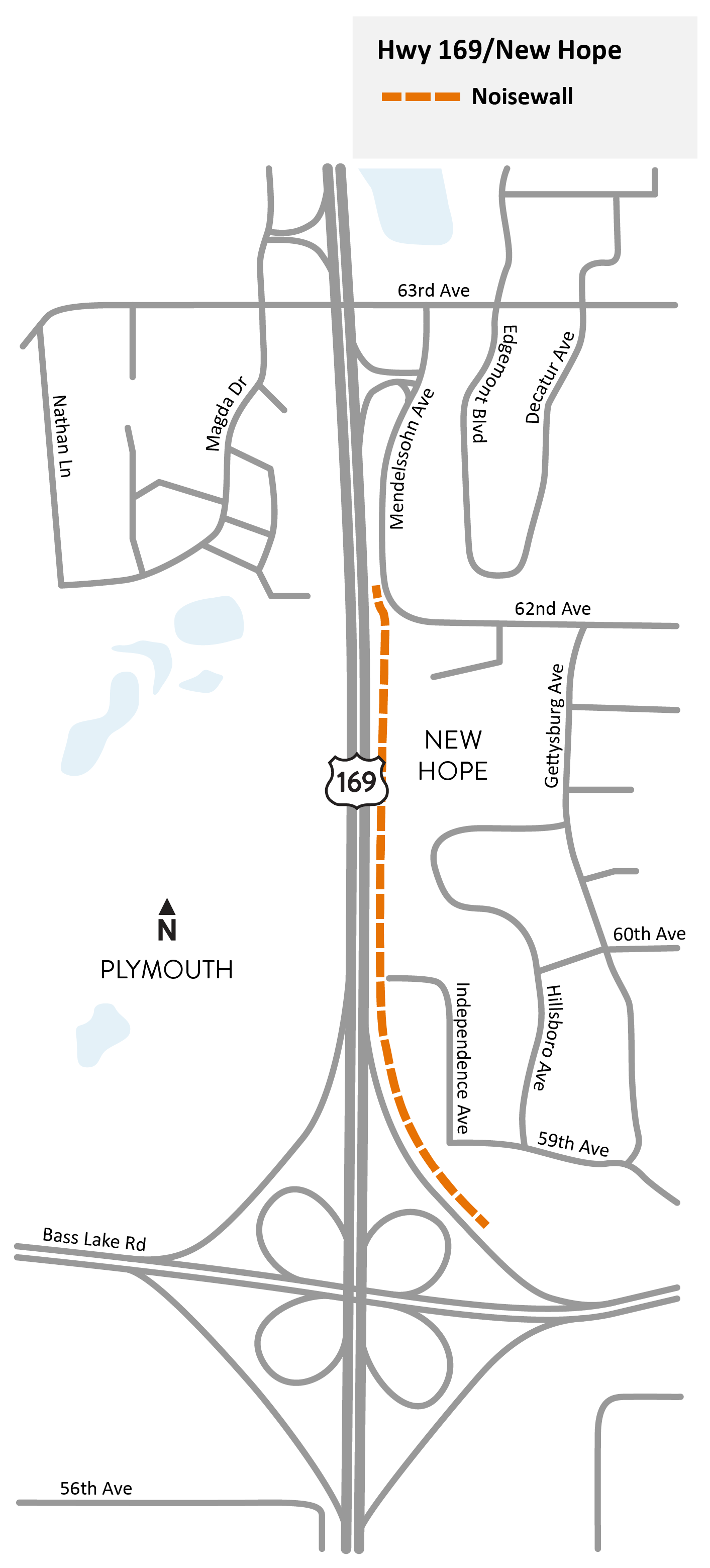 Northbound Highway 169 between Bass Lake Road and 62nd Avenue North in New Hope standalone noise wall project area map
