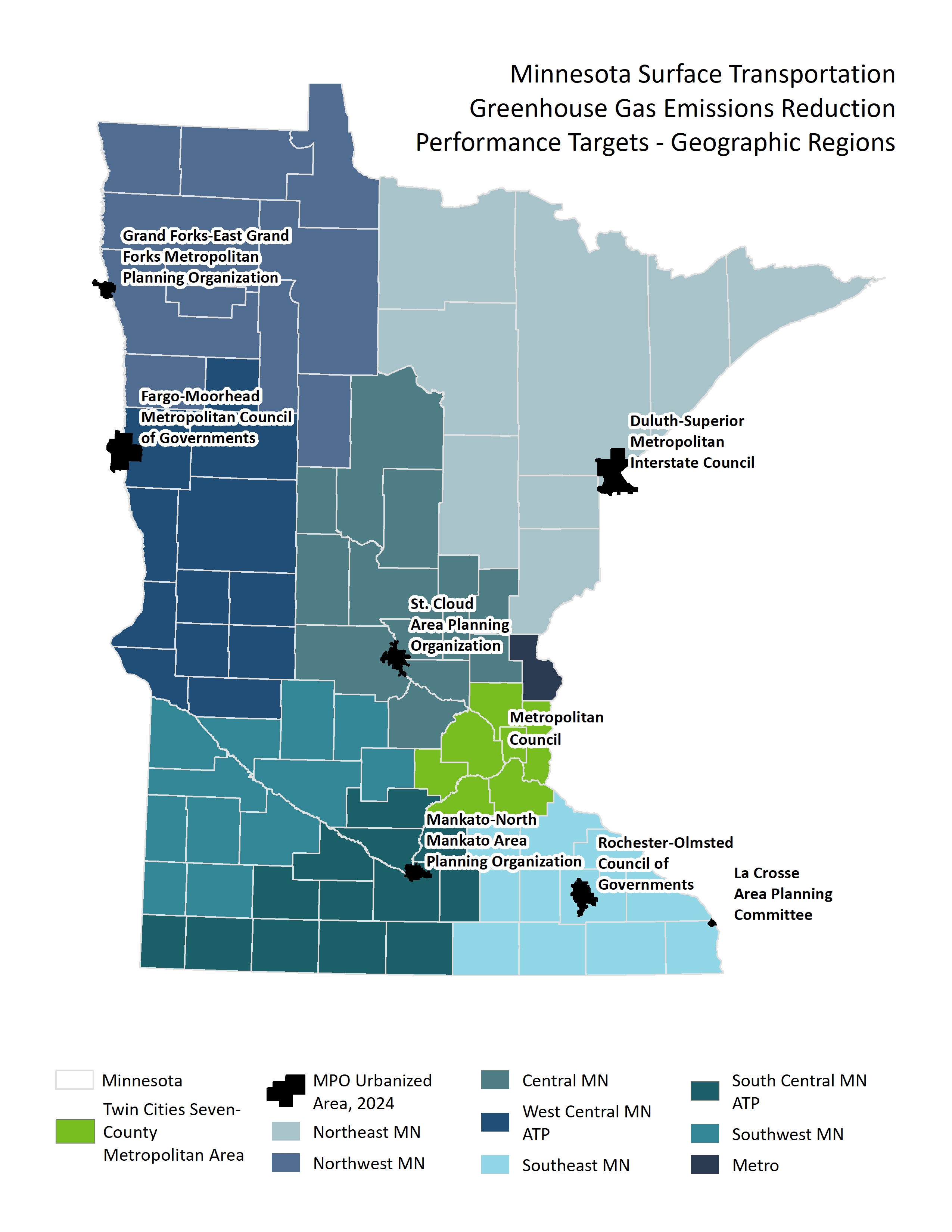 Map of Minnesota Surface Transportation Greenhouse Gas Emissions Reduction Performance Target geographic regions. Map shows each Area Transportation Partnership by county and the Metropolitan Planning Organization's urbanized area boundaries. The Metropolitan Council's boundary is the seven-county Twin Cities metropolitan area that is defined in state statute. Each area represented on the map is assigned a greenhouse gas  emissions performance target.