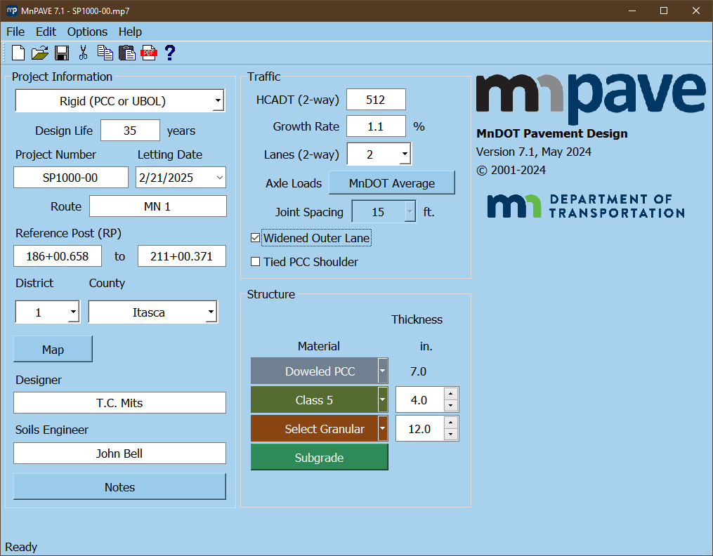 Screen shot of the MnPAVE program used to design a 7 inch concrete pavement
