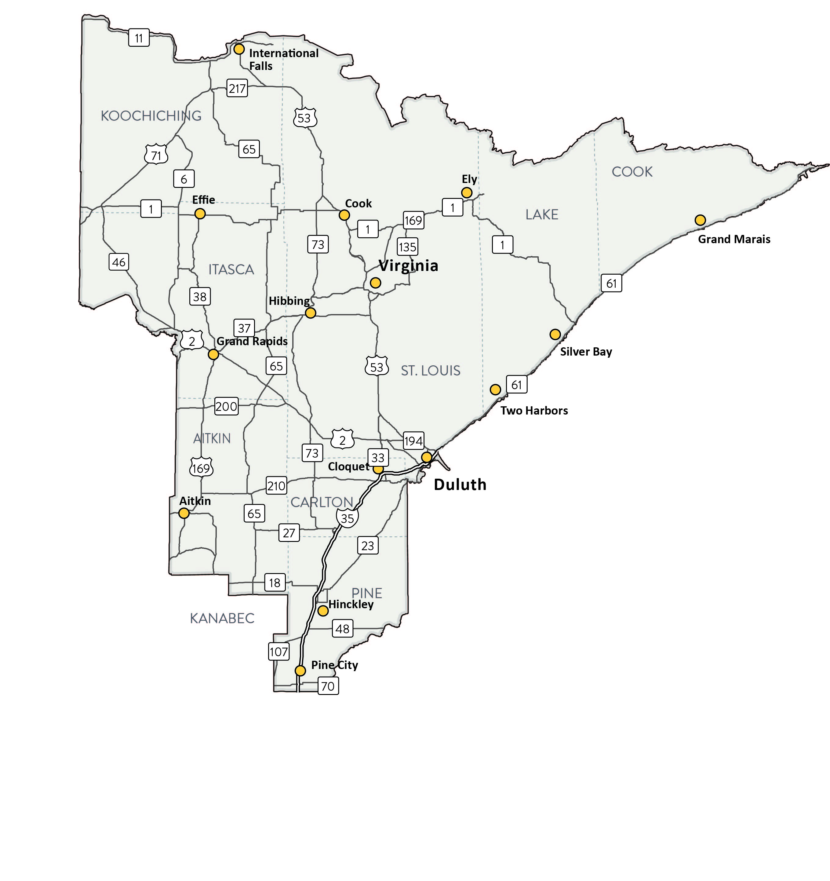 Map of MnDOT District 1, covering Northeast Minnesota.