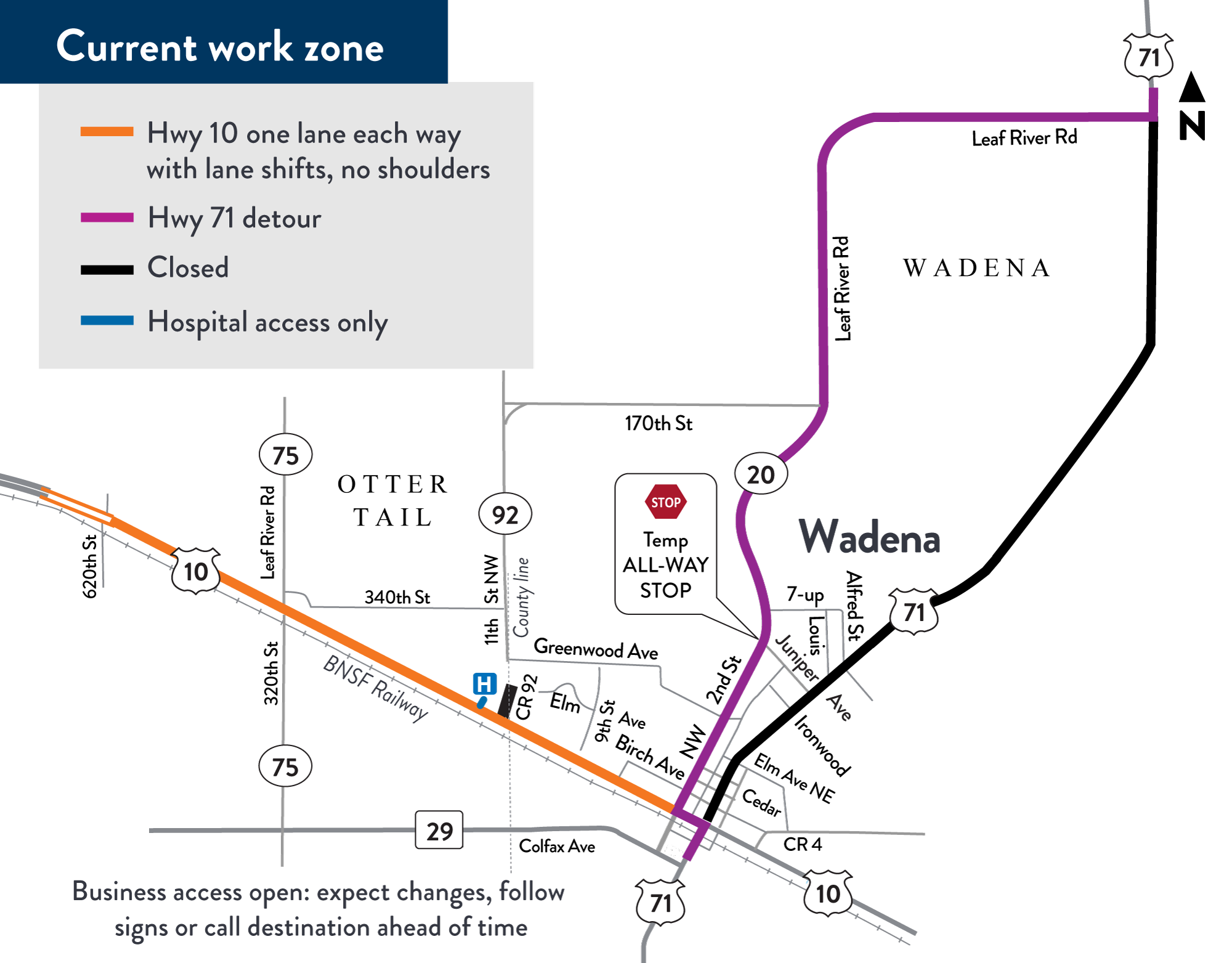 Project work zone map Project work areas on Hwy 10, 29 and 71 in Wadena.