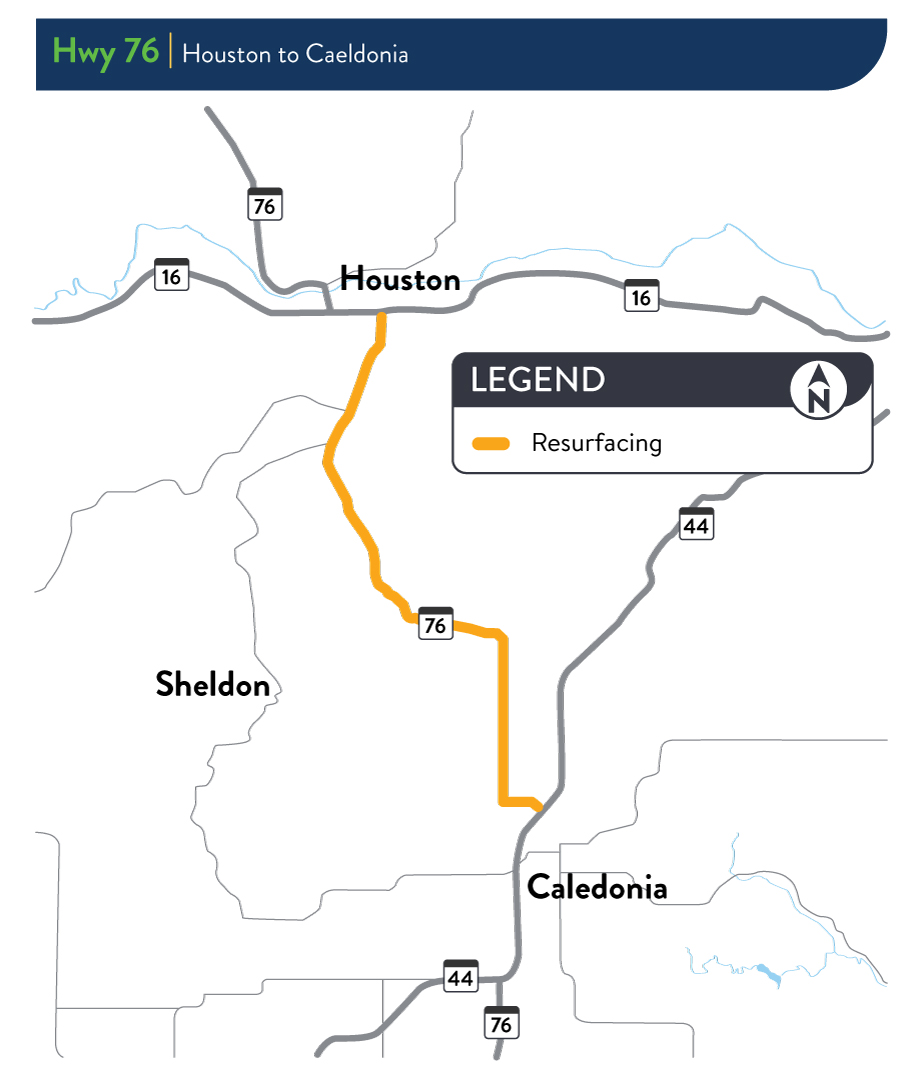 Project location marked by an orange line between the cities of Houston and Caledonia