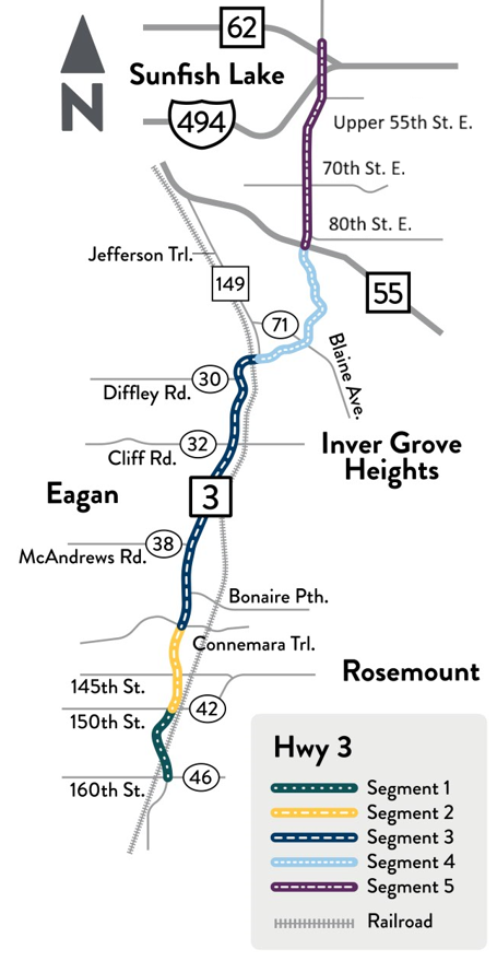 Highway 3 from 160th Street/County Road 46 in Rosemount to Highway 62 in Inver Grove Heights showing five different study segments.