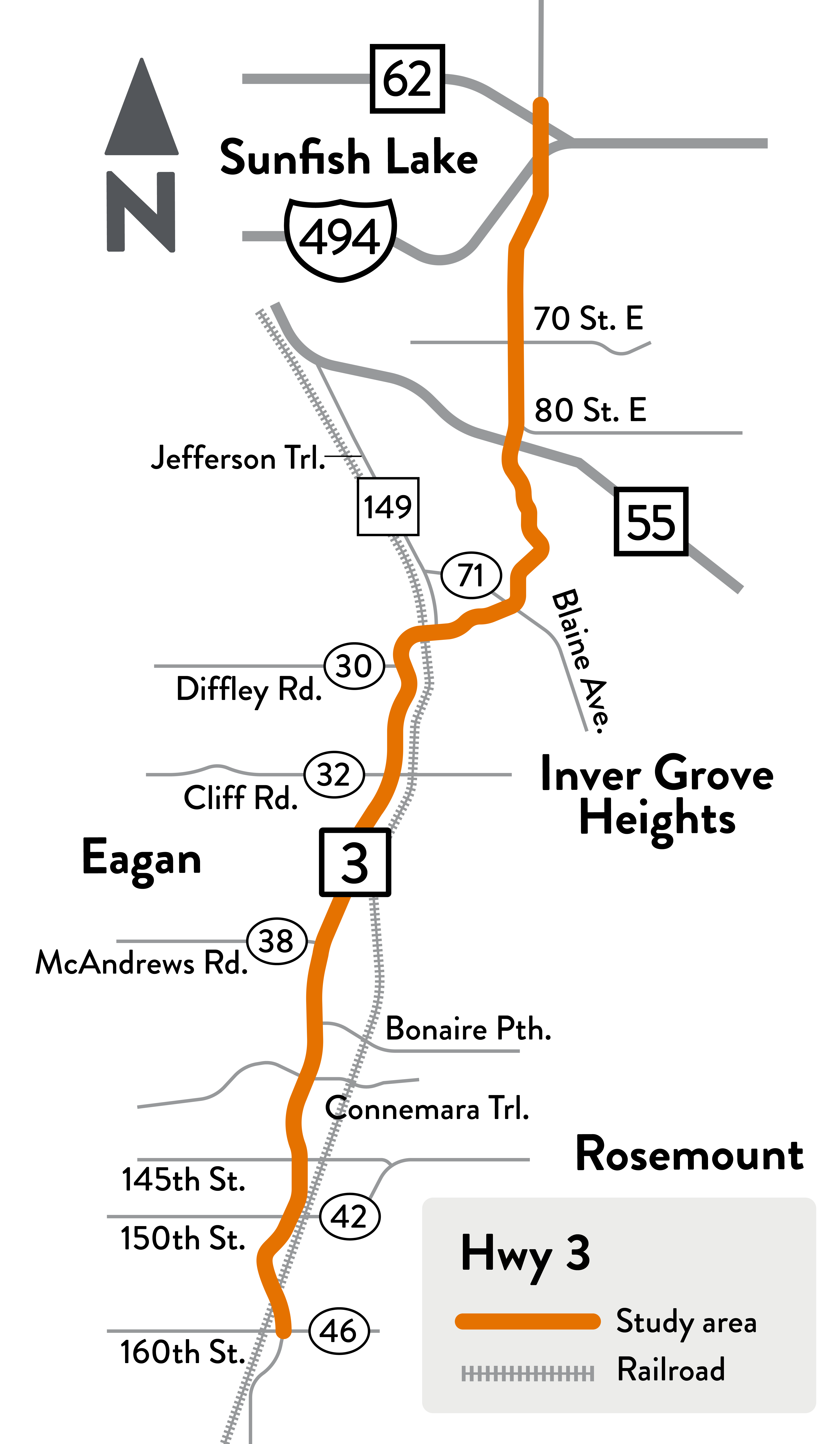 Highway 3 between 160th Street in Rosemount and Highway 62 in Inver Grove Heights study location map
