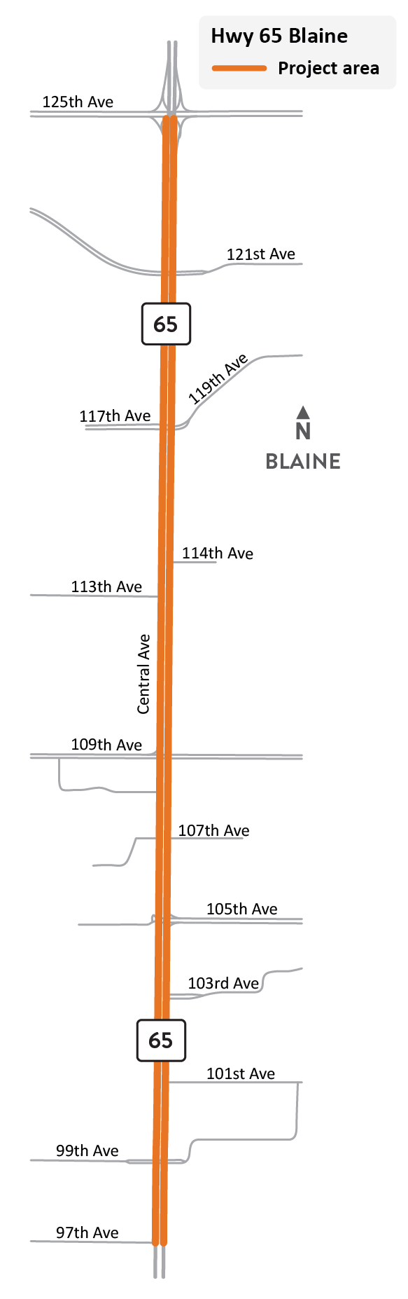 Hwy 65 between 97th Avenue and 125th Avenue/Main Street in Blaine project location map
