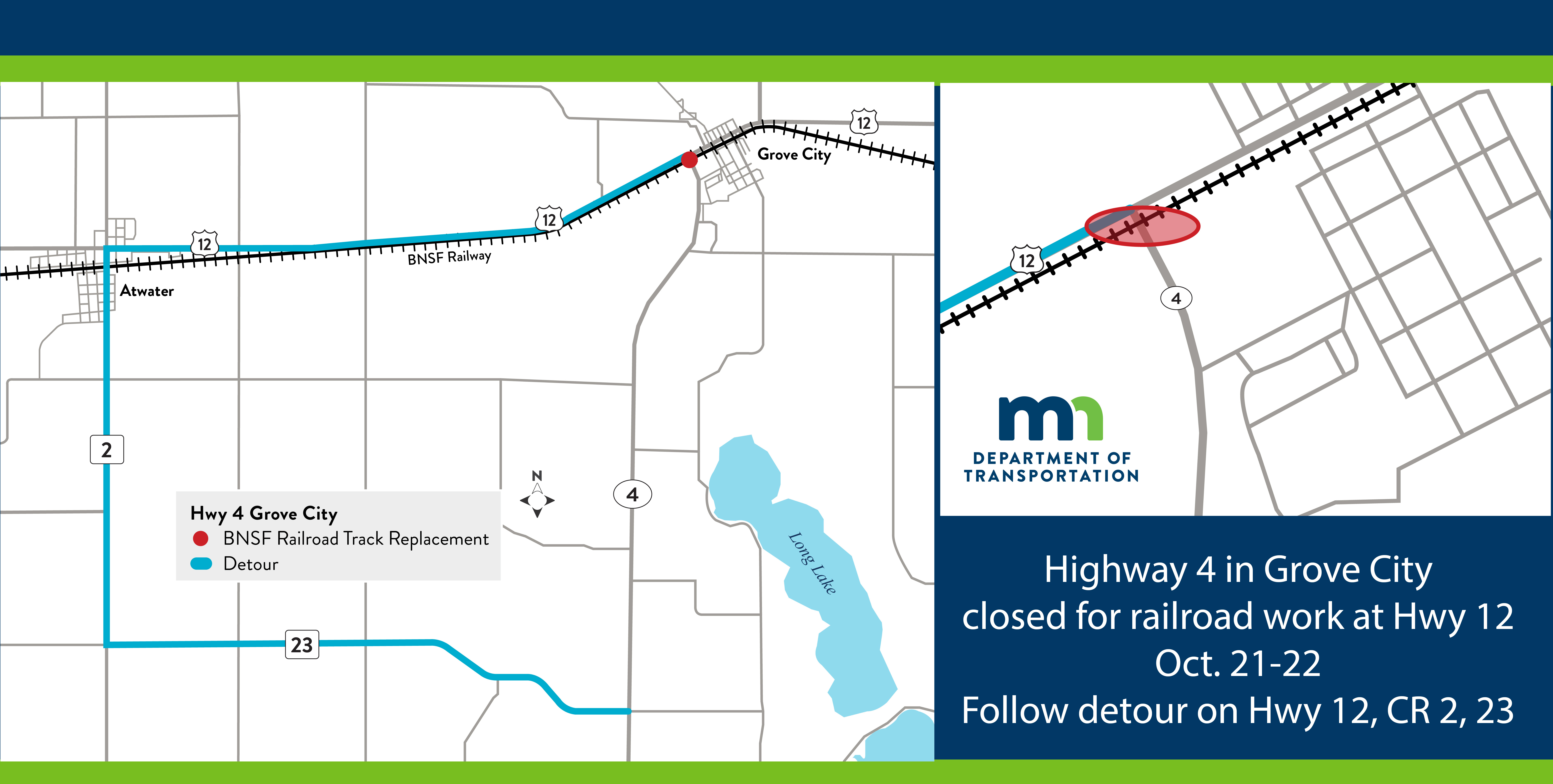 Map of of Hwy 4 in  Grove City closed for reailroad work at Hwy 12 Oct. 21-22 Follow detour  on Hwy 12, CR 2,23